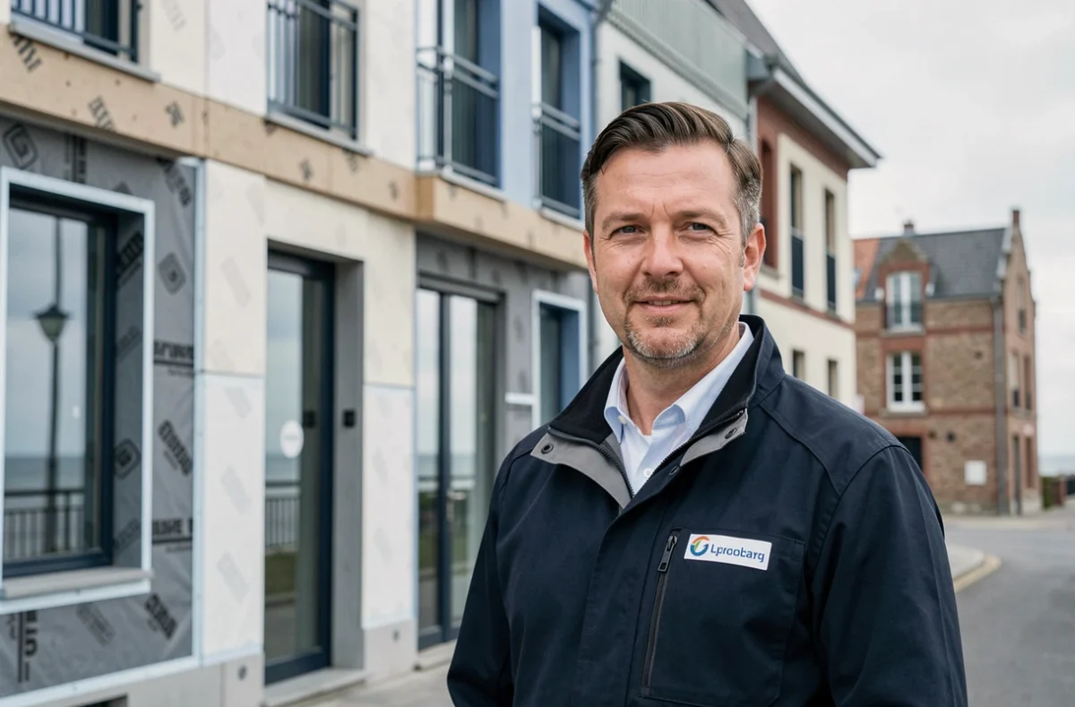 Conseiller de Normandie Énergie Habitat Le Havre devant un immeuble rénové avec isolation extérieure