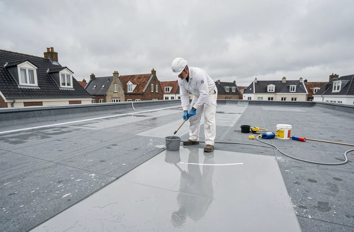 Spécialiste en étanchéité de Normandie Étanchéité appliquant une membrane sur une toiture terrasse