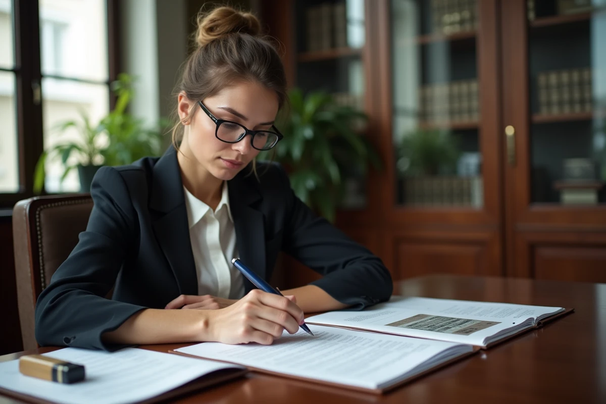 Notaire calculant les frais d'acte pour un viager sur des documents officiels dans son étude
