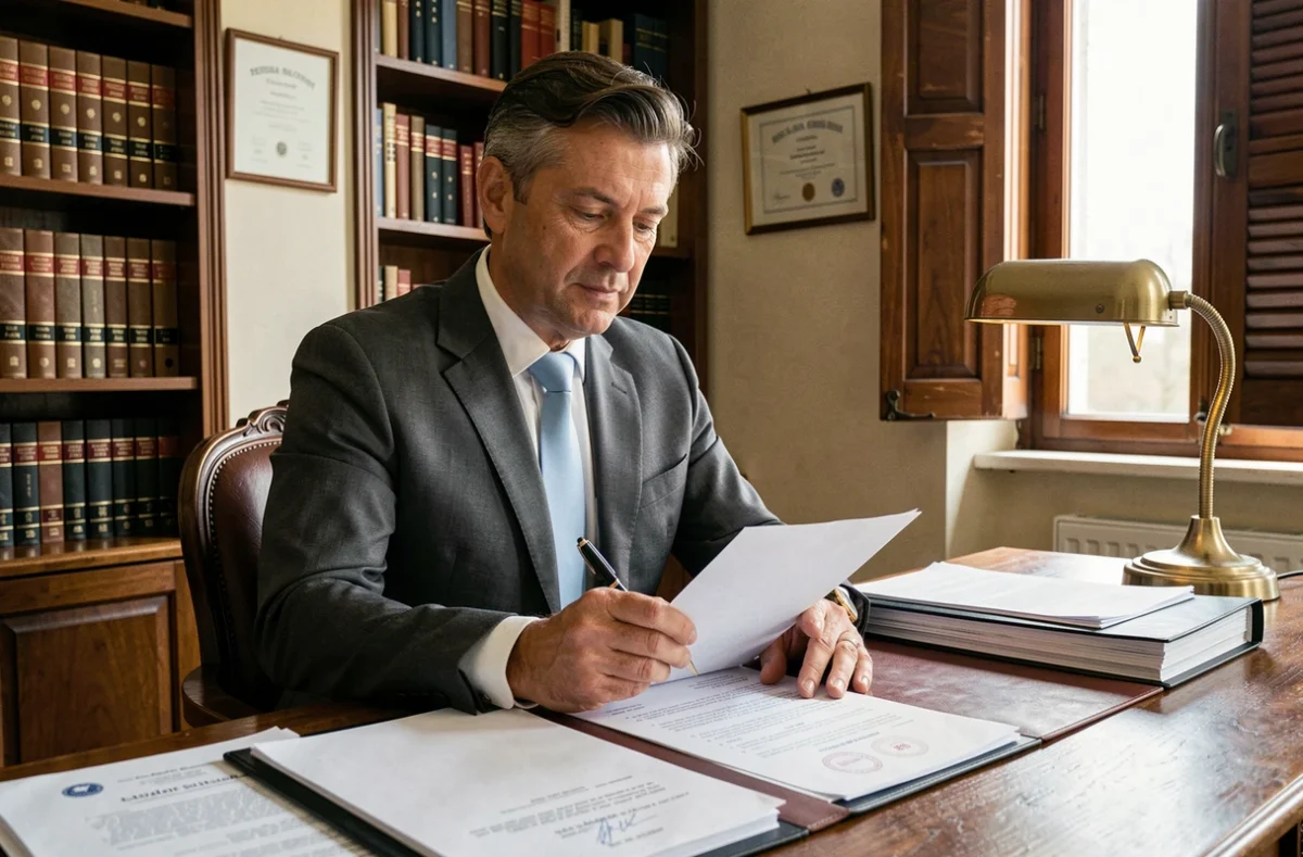 Notaire ou médiateur examinant un contrat de vente immobilière dans le cadre d'un divorce conflictuel en Seine-et-Marne