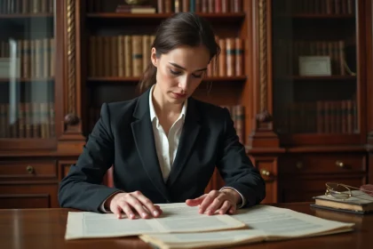 Notaire femme examinant des documents anciens dans un bureau parisien