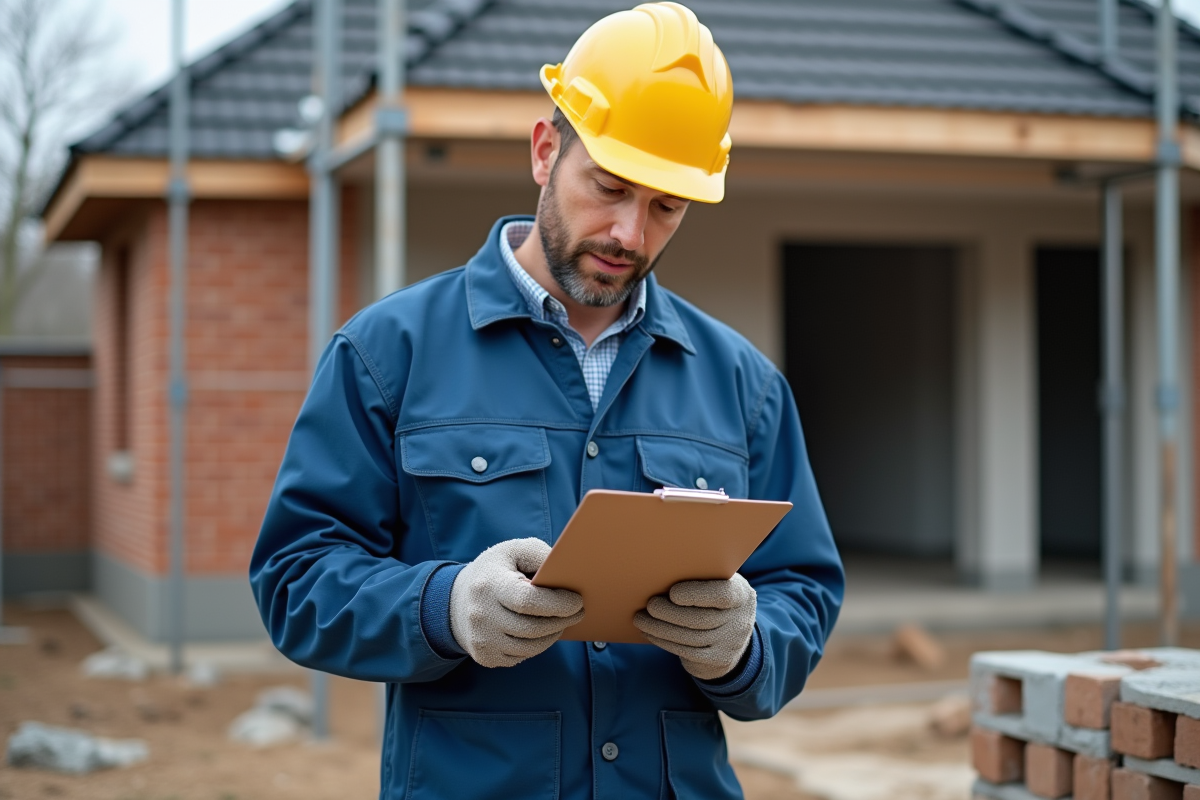 Ouvrier de construction en tenue de chantier sur site