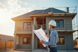 Ouvrier de construction devant une maison neuve avec plans et casque