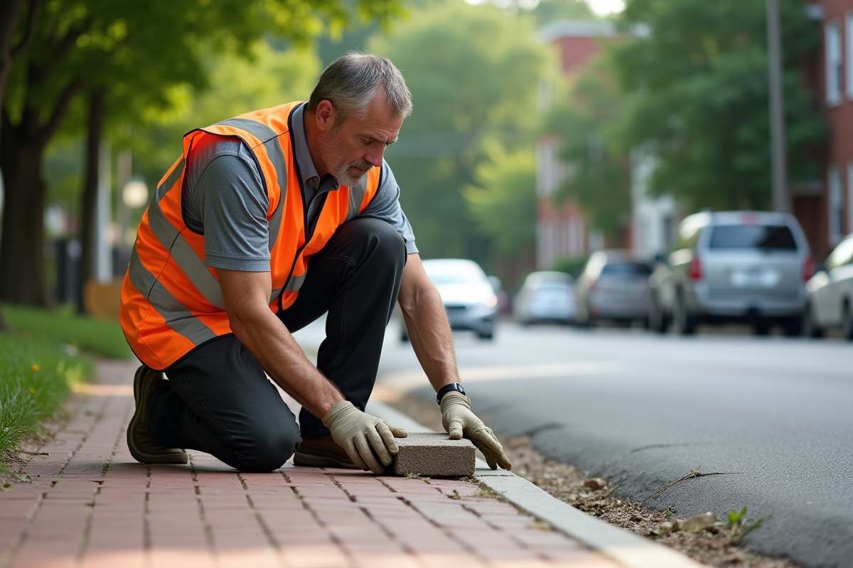 Ouvrier municipal en vestiaire haute visibilité répare le pavé