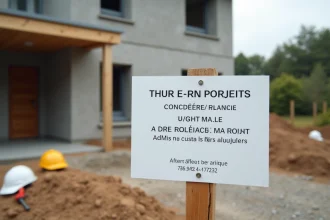 Panneau de permis de construire officiel affiché sur un chantier résidentiel en France avec maison en construction en arrière-plan