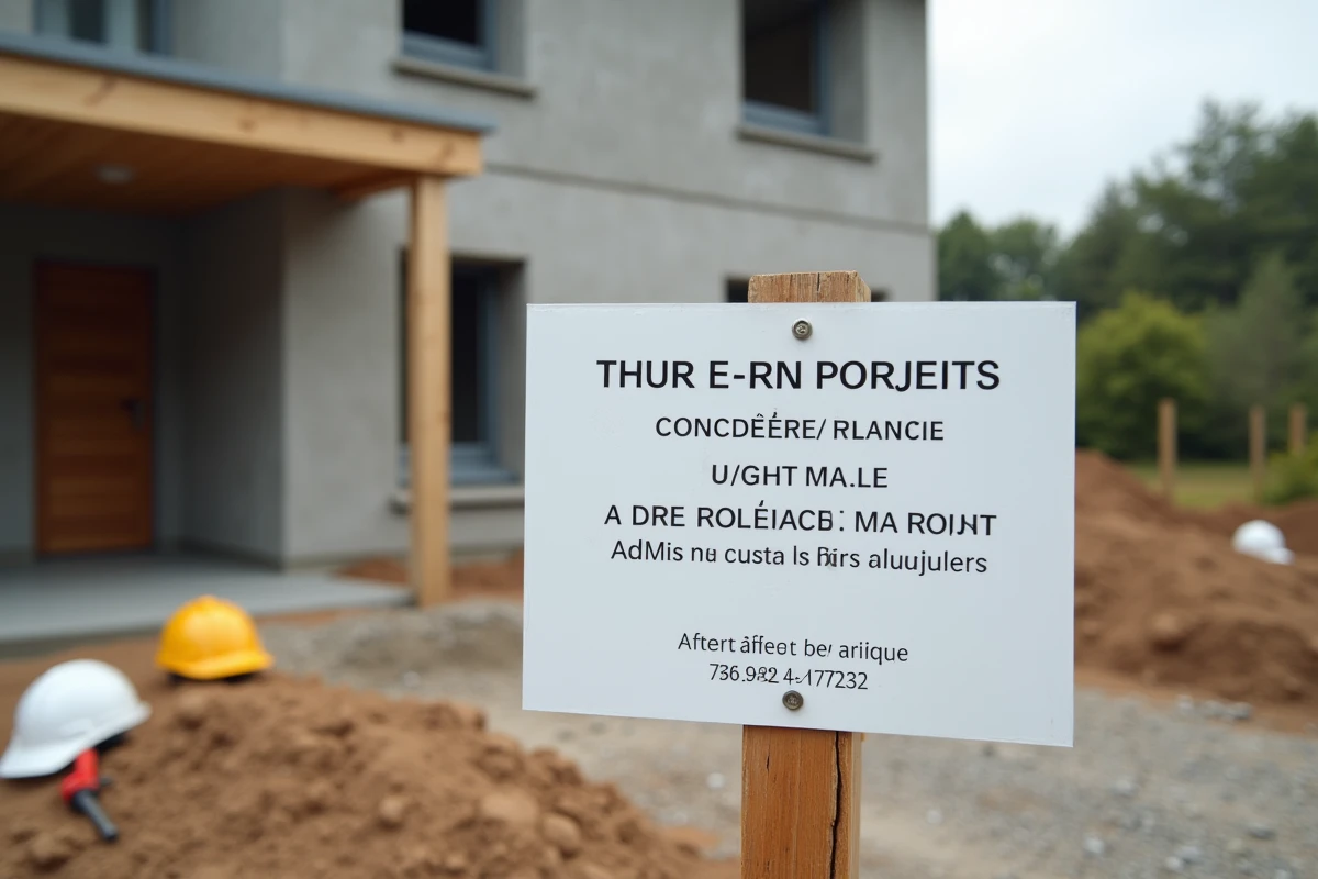 Panneau de permis de construire officiel affiché sur un chantier résidentiel en France avec maison en construction en arrière-plan