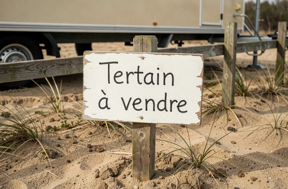 Panneau à vendre planté dans le sol sableux devant une parcelle de terrain avec mobil home en Vendée