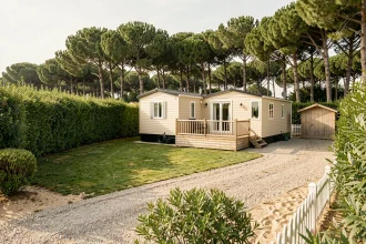 Parcelle de terrain avec mobil home en Vendée entourée de pins et de haies, vue grand angle sur la propriété complète
