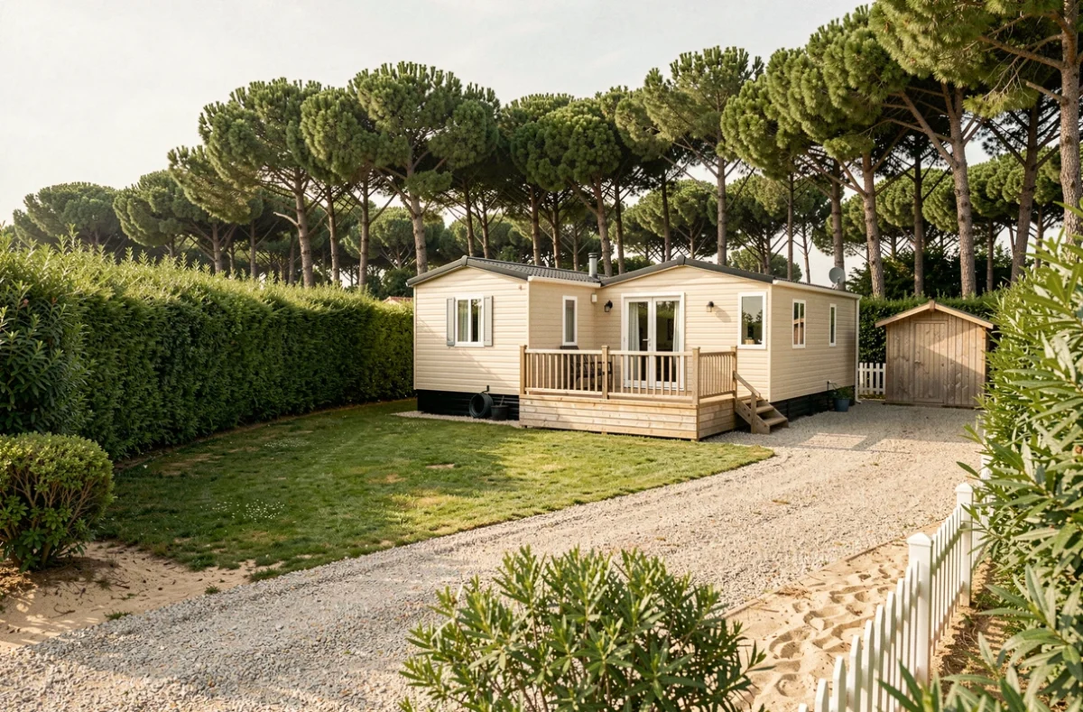 Parcelle de terrain avec mobil home en Vendée entourée de pins et de haies, vue grand angle sur la propriété complète