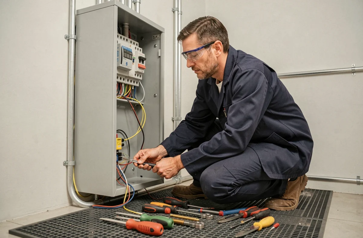 Électricien professionnel de PAT ELEC travaillant sur un tableau électrique à Verneuil d'Avre et d'Iton