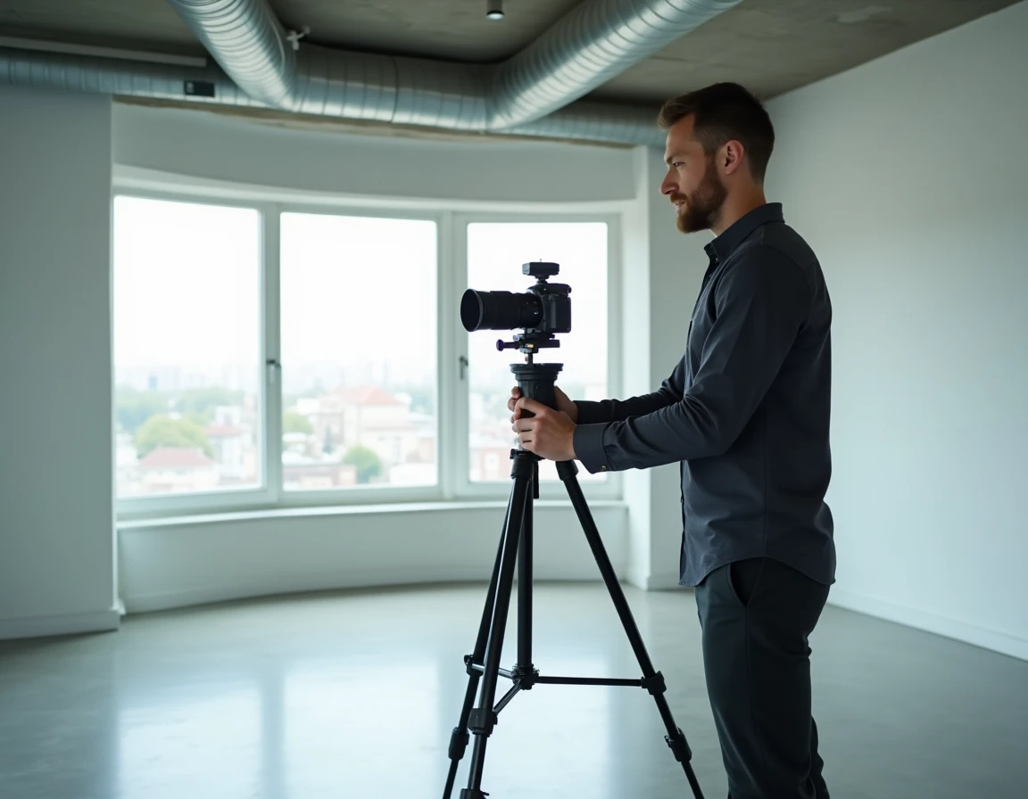 Photographe immobilier configurant une caméra 360 degrés dans un appartement vide pour une visite virtuelle