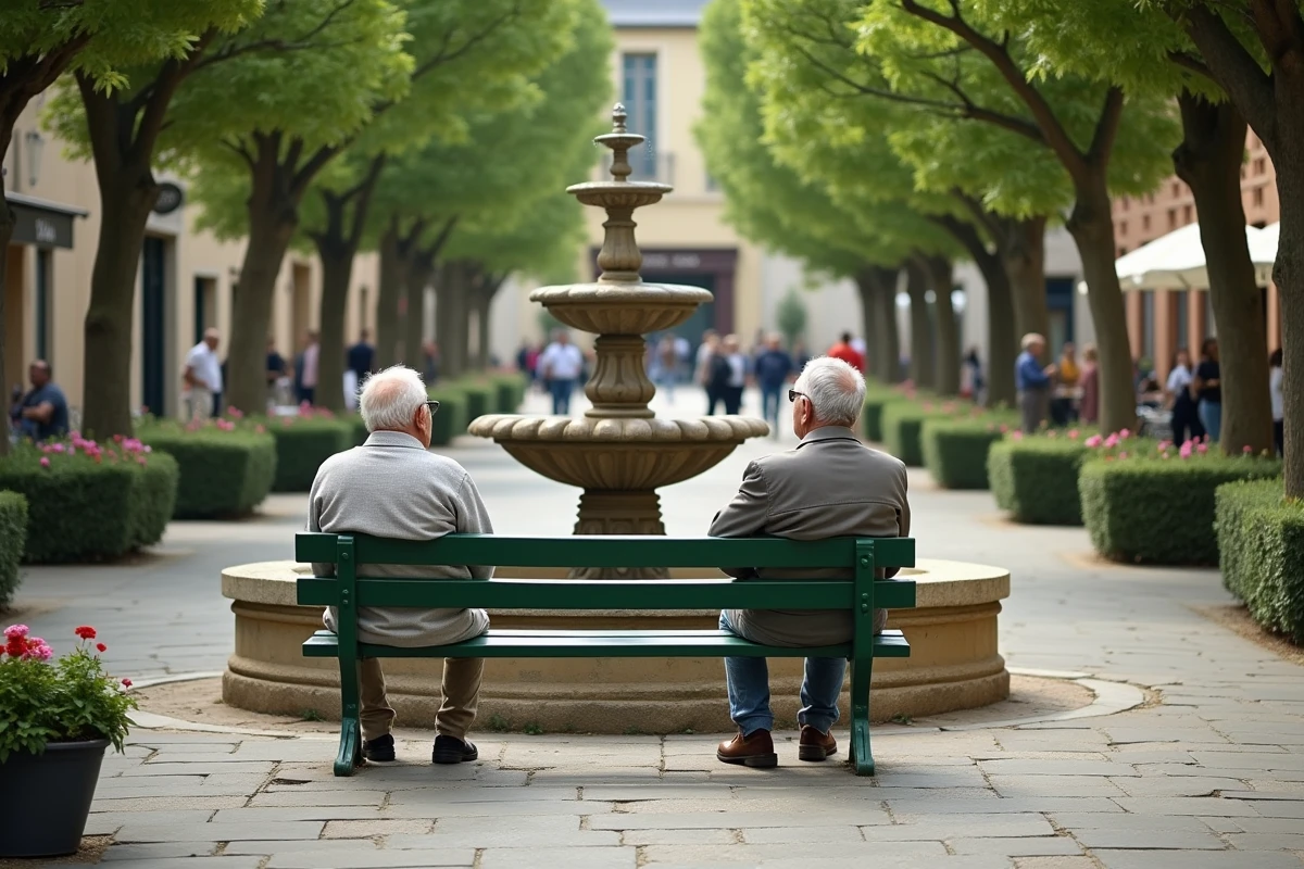 Place publique paisible avec fontaine et habitants assis sur un banc dans un quartier calme de Nogent-sur-Marne