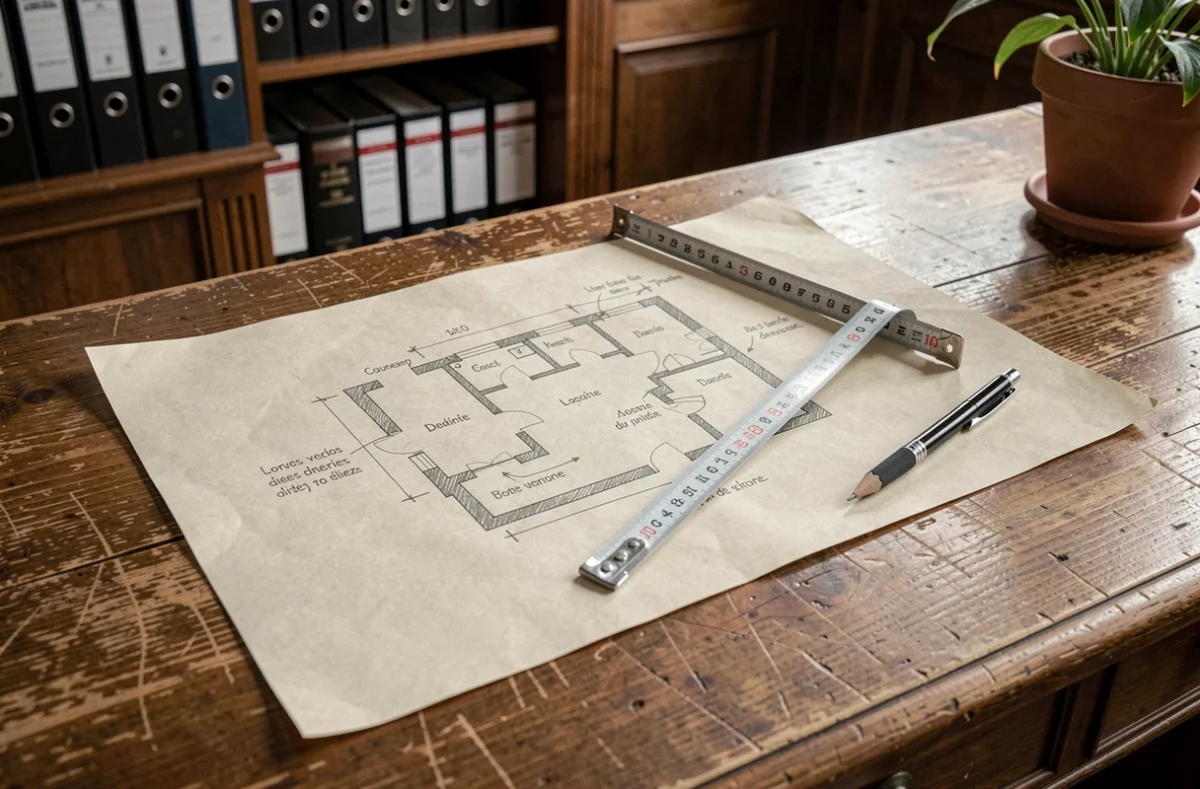 Plan de sol annoté avec mètre ruban sur un bureau en bois, illustrant le calcul des mètres carrés Carrez et habitables