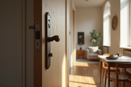 Porte d'entrée avec serrure cassée et bois éclaté dans un appartement moderne