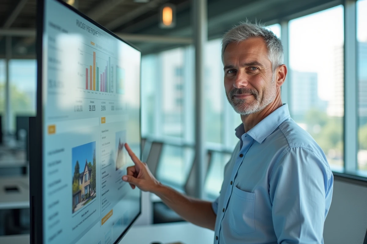Professionnel de l'immobilier présentant un tableau de bord logiciel de vente rapide dans une agence moderne