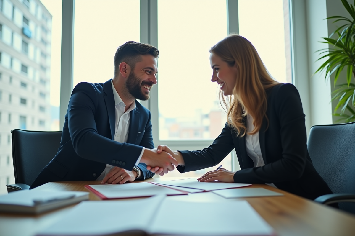 Deux professionnels signent des documents dans un bureau lumineux