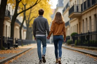 Jeune couple marchant dans Saint Germain en Laye en automne