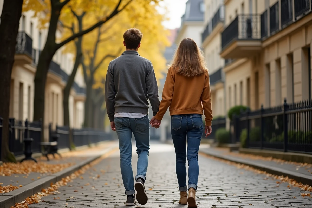 Jeune couple marchant dans Saint Germain en Laye en automne