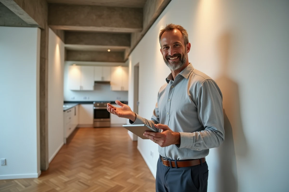 Propriétaire bailleur dans un appartement rénové consultant une plateforme de gestion locative sur tablette