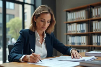 Propriétaire bailleuse professionnelle examinant des documents de location dans un bureau immobilier moderne