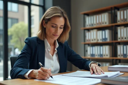 Propriétaire bailleuse professionnelle examinant des documents de location dans un bureau immobilier moderne