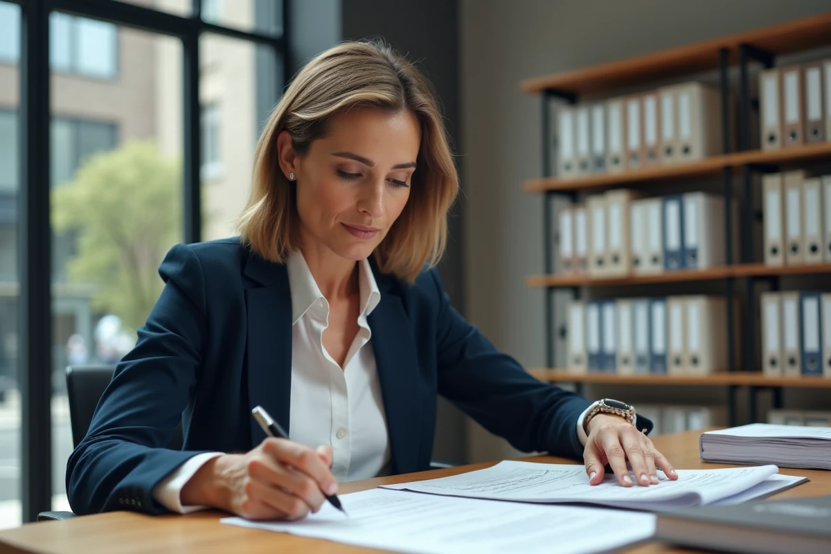 Propriétaire bailleuse professionnelle examinant des documents de location dans un bureau immobilier moderne