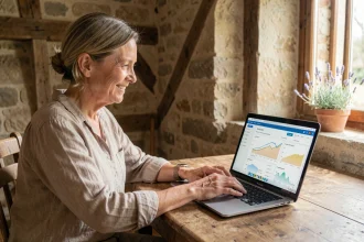 Propriétaire de gîte de France utilisant une plateforme de gestion en ligne sur son ordinateur portable dans un intérieur en pierre typique de la campagne française
