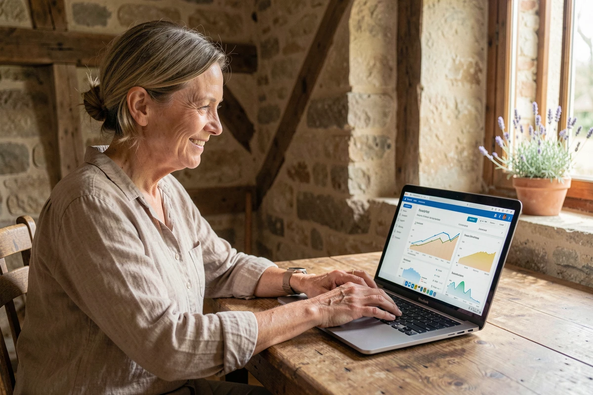 Propriétaire de gîte de France utilisant une plateforme de gestion en ligne sur son ordinateur portable dans un intérieur en pierre typique de la campagne française