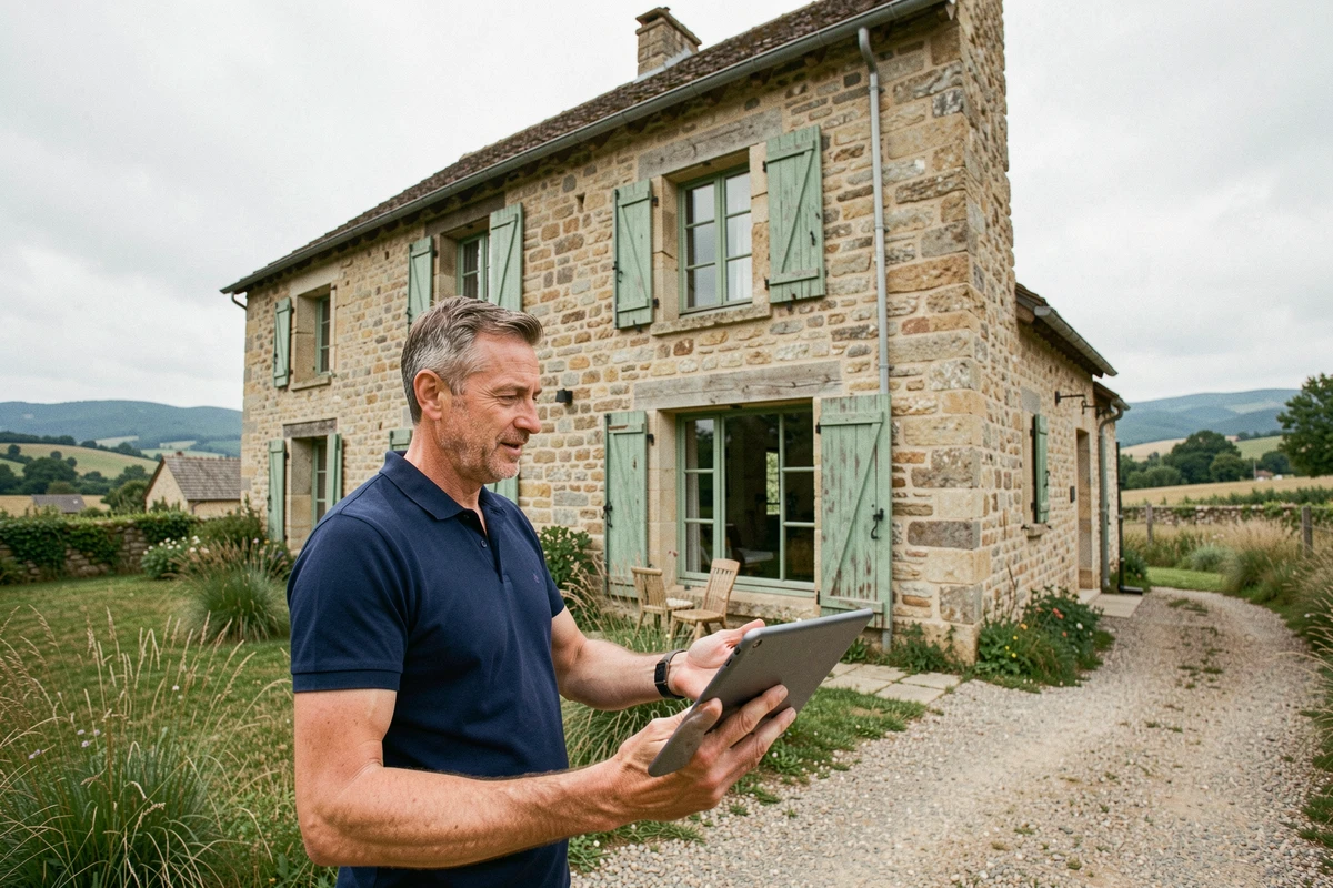 Propriétaire d'un gîte de France devant sa maison en pierre, consultant une application de gestion immobilière sur tablette dans la campagne française