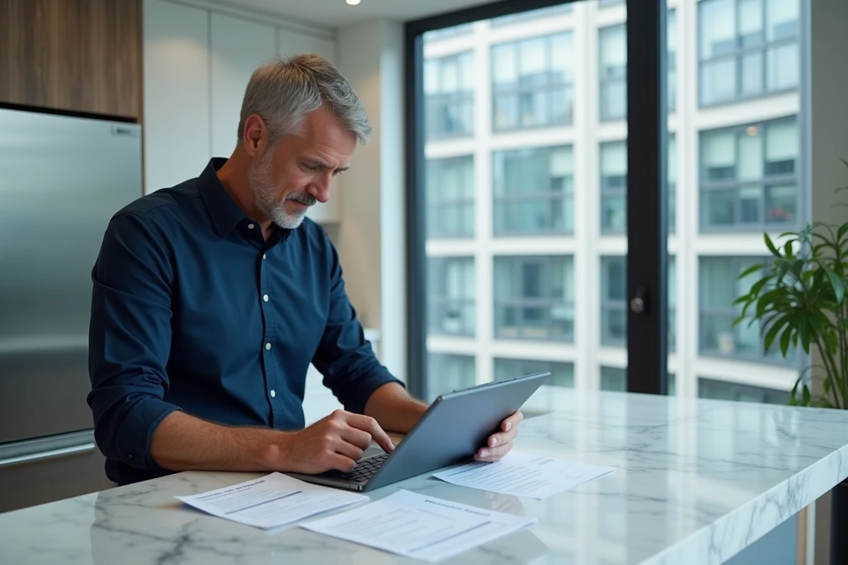 Propriétaire d'appartement vérifiant ses charges de copropriété sur une tablette dans sa cuisine moderne