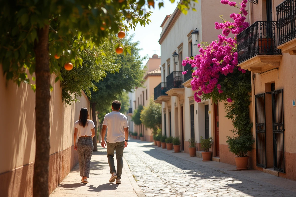 Rue résidentielle du quartier Hivernage à Marrakech avec un couple visitant un immeuble d'appartements à vendre