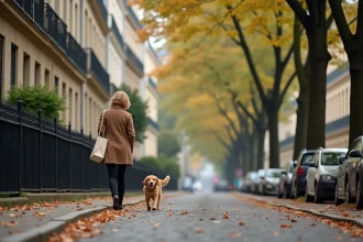 Rue résidentielle calme et arborée de Nogent-sur-Marne avec immeubles haussmanniens et femme promenant son chien en automne