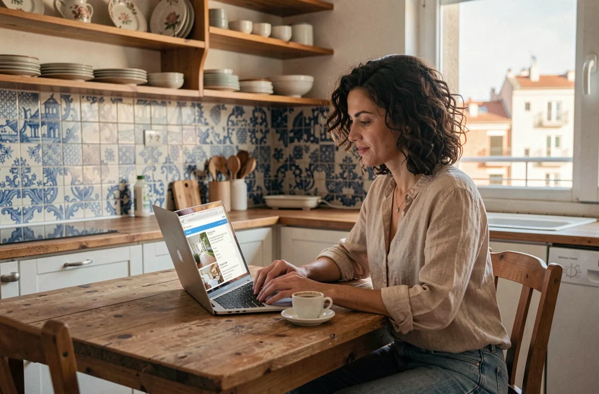 Femme consultant des annonces de location d'appartement à Barcelone sur ordinateur portable dans une cuisine carrelée