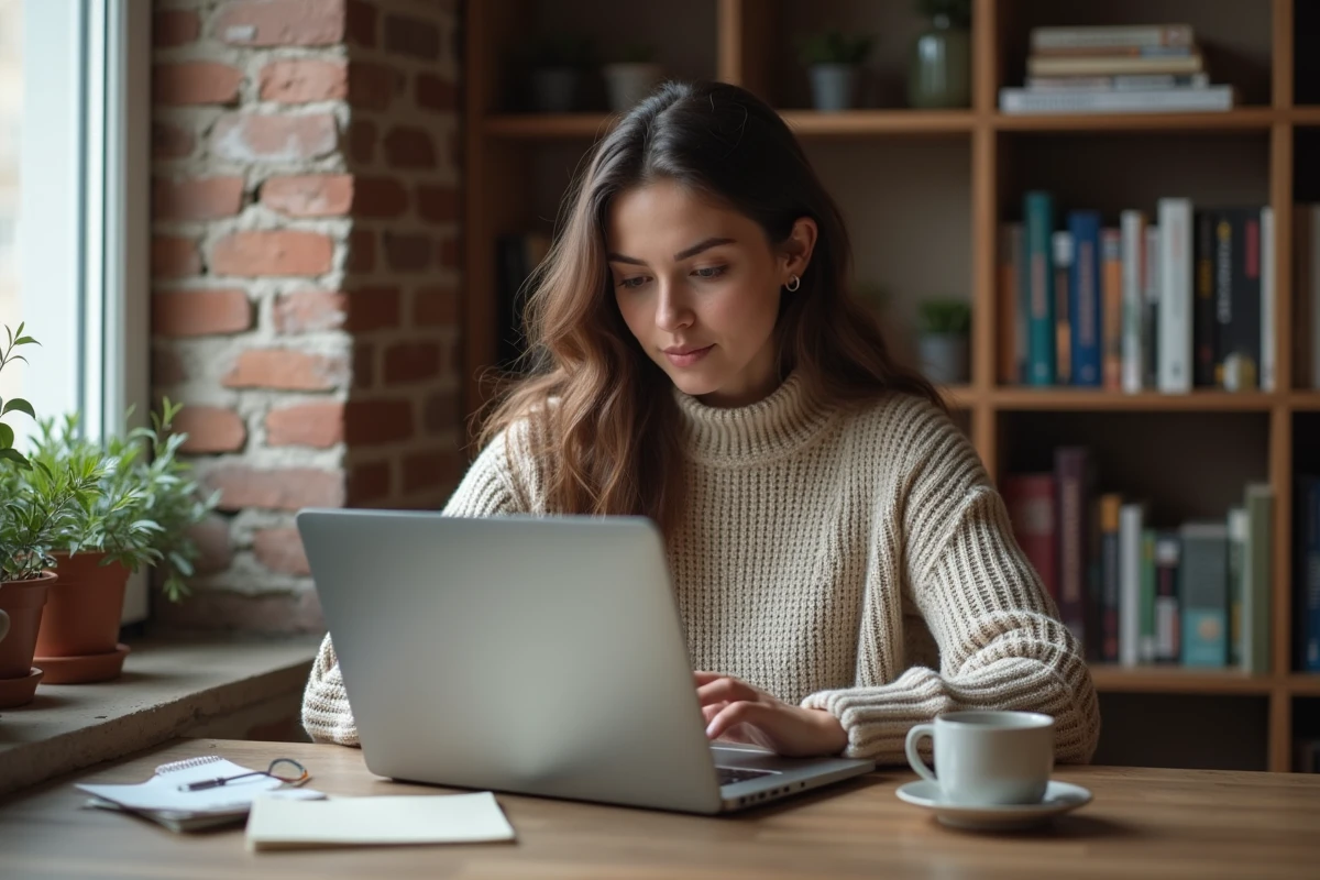 Jeune femme recherchant une maison à donner gratuitement sur un site d'annonces en ligne depuis son appartement