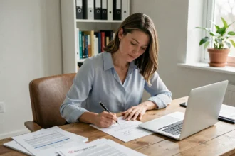 Femme rédigeant une lettre de préavis de départ pour son logement à son bureau à domicile