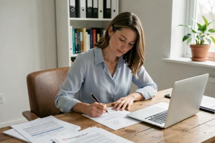 Femme rédigeant une lettre de préavis de départ pour son logement à son bureau à domicile