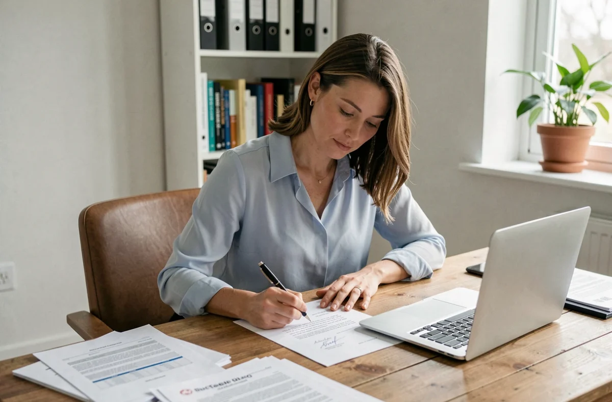 Femme rédigeant une lettre de préavis de départ pour son logement à son bureau à domicile