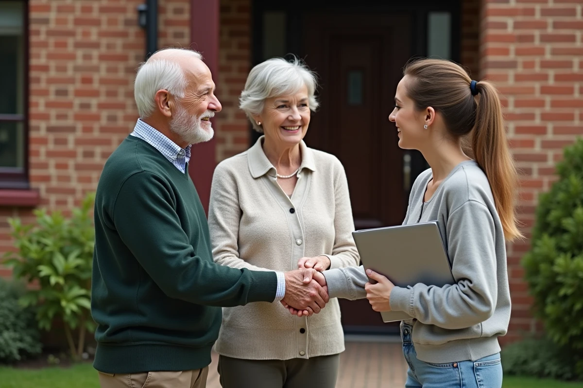 Couple &acirc;g&eacute; serre la main &agrave; une jeune femme devant la maison