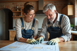 Couple examinant plans de rénovation dans une cuisine