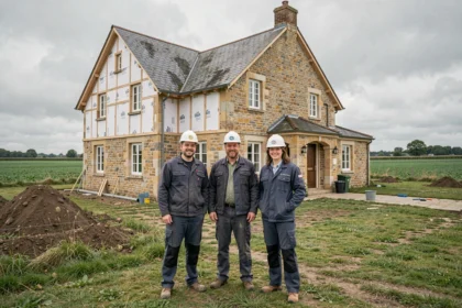 Équipe de rénovation énergétique devant une maison normande en cours d'isolation