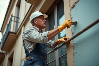 Homme moyenâgeux en tenue de travail rénovant une façade