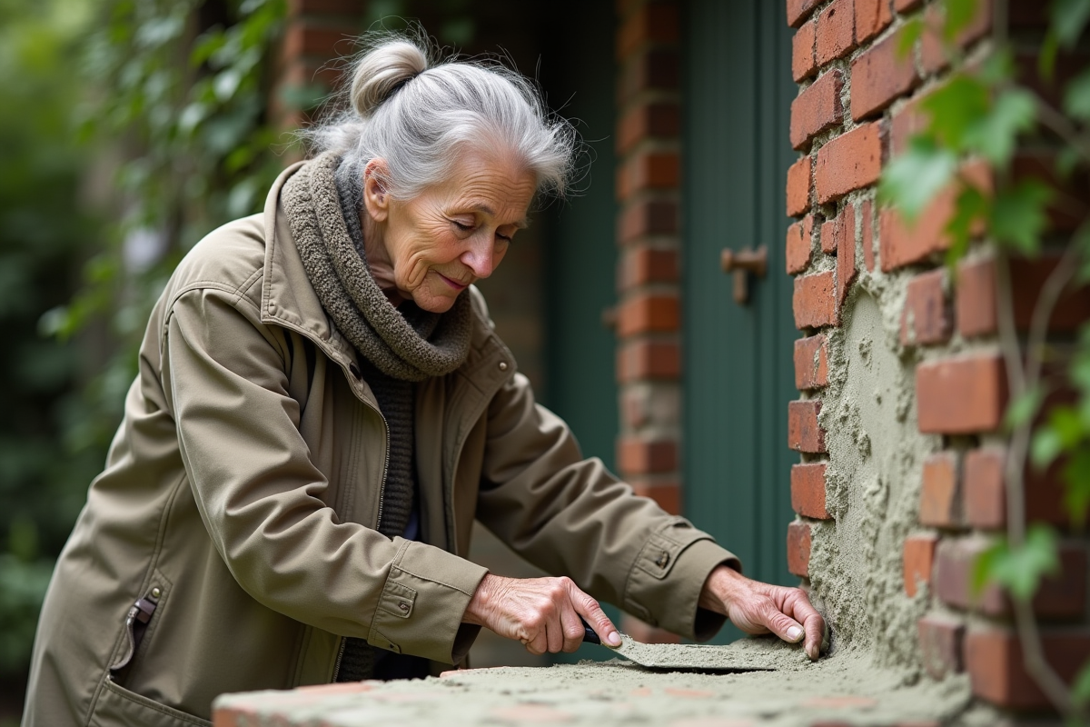 Femme âgée appliquant du plâtre sur un mur de jardin en briques