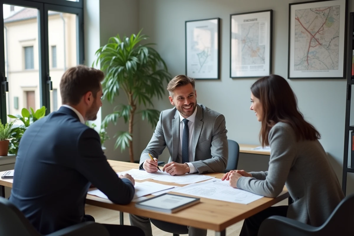 Conseiller immobilier en réunion avec des clients dans une agence moderne à Colmar