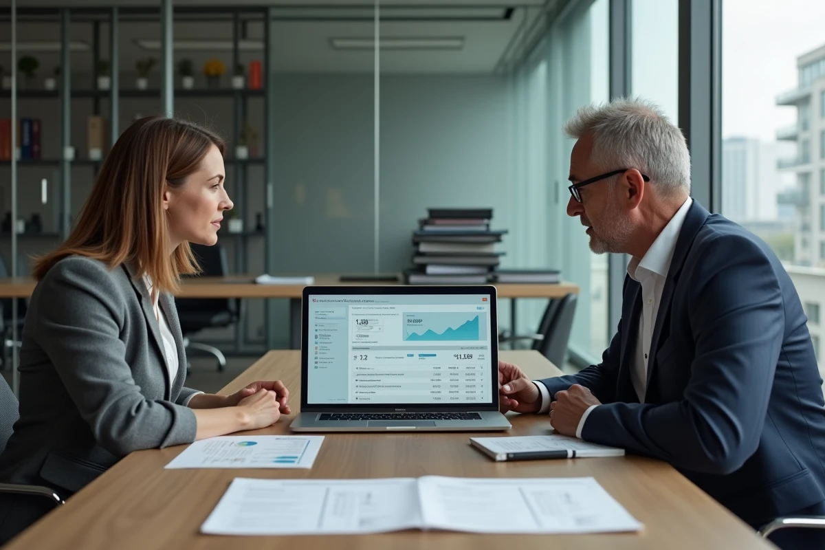 Réunion entre copropriétaires et syndic pour consulter les comptes de copropriété sur une plateforme en ligne