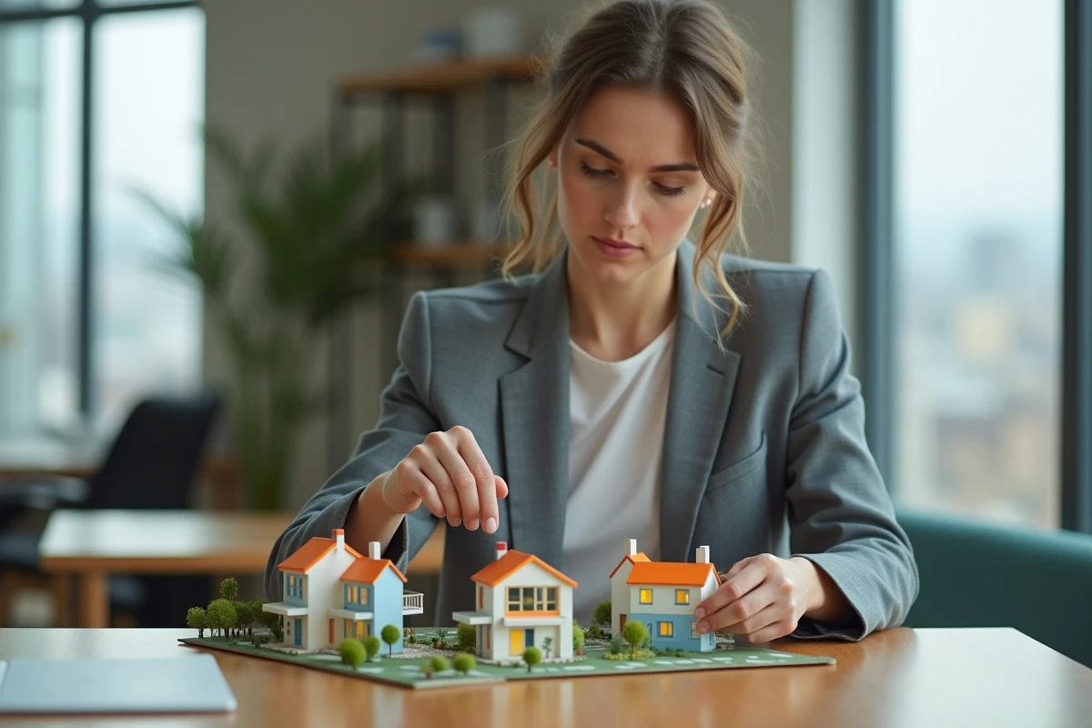 Jeune femme examinant un modèle réduit de logement