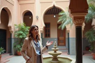 Agent immobilier présentant un riad traditionnel à vendre à Marrakech avec cour intérieure en zellige et fontaine en marbre