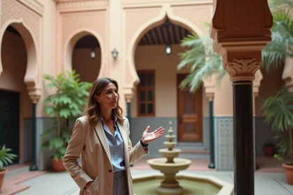 Agent immobilier présentant un riad traditionnel à vendre à Marrakech avec cour intérieure en zellige et fontaine en marbre