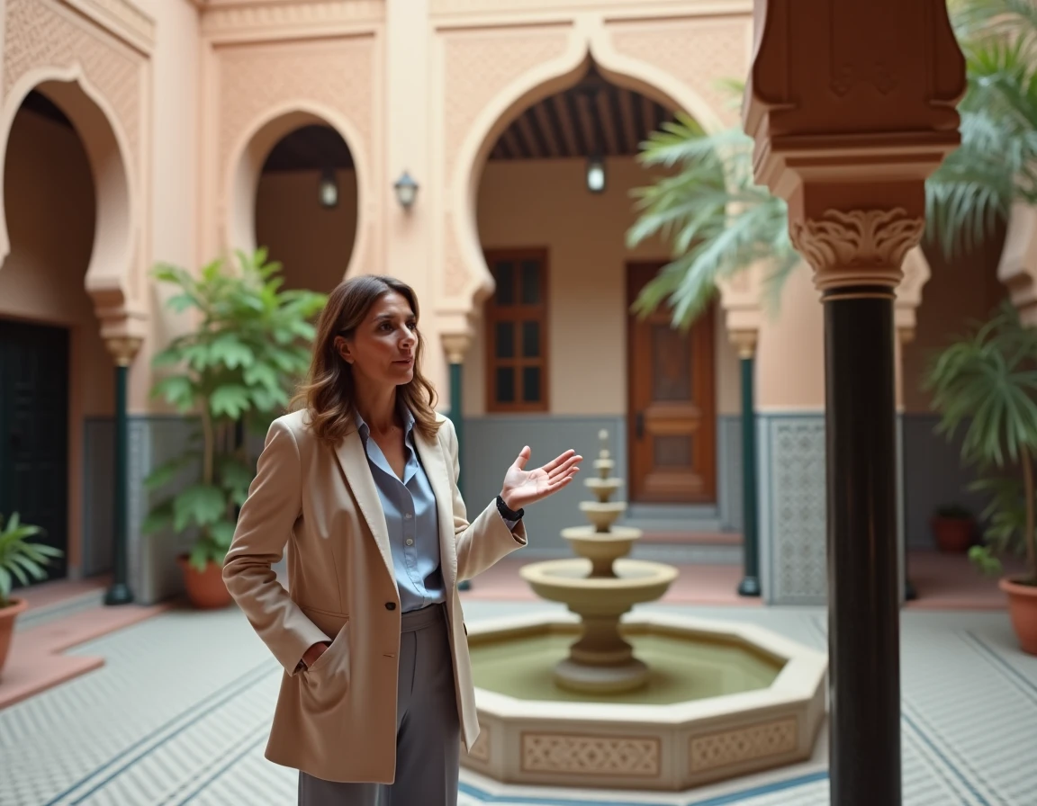 Agent immobilier présentant un riad traditionnel à vendre à Marrakech avec cour intérieure en zellige et fontaine en marbre