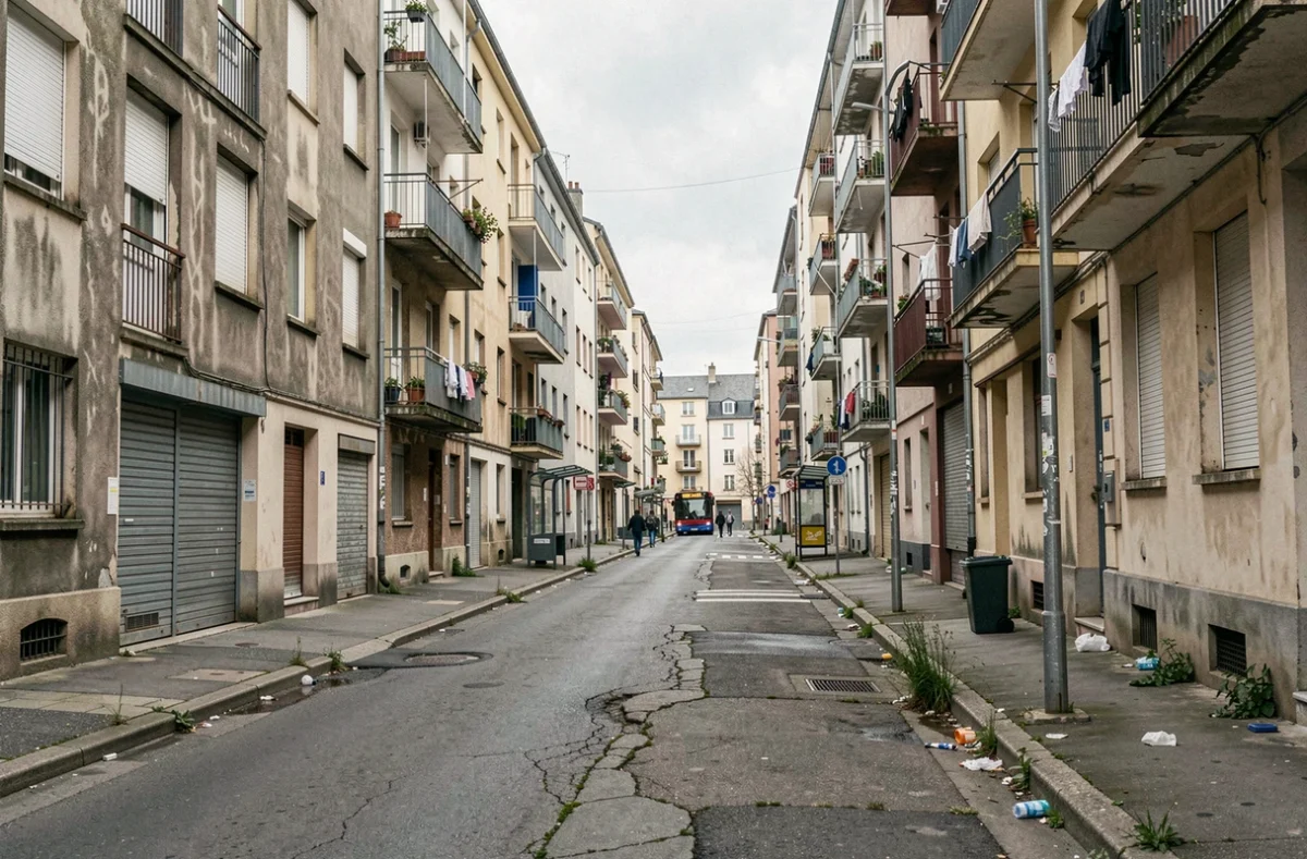 Vue de rue d'un quartier résidentiel populaire de Besançon avec immeubles anciens et trottoirs usés