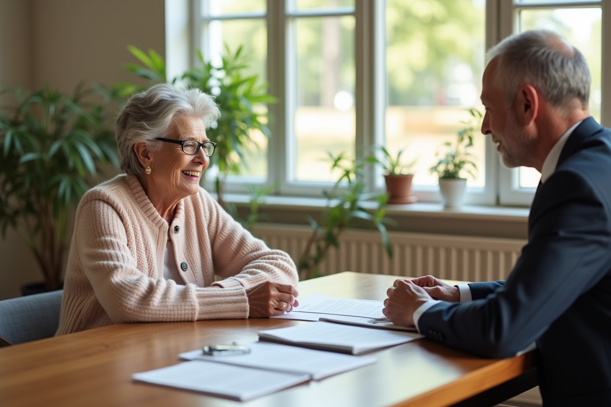 Femme senior souriante discutant avec un professionnel dans une résidence